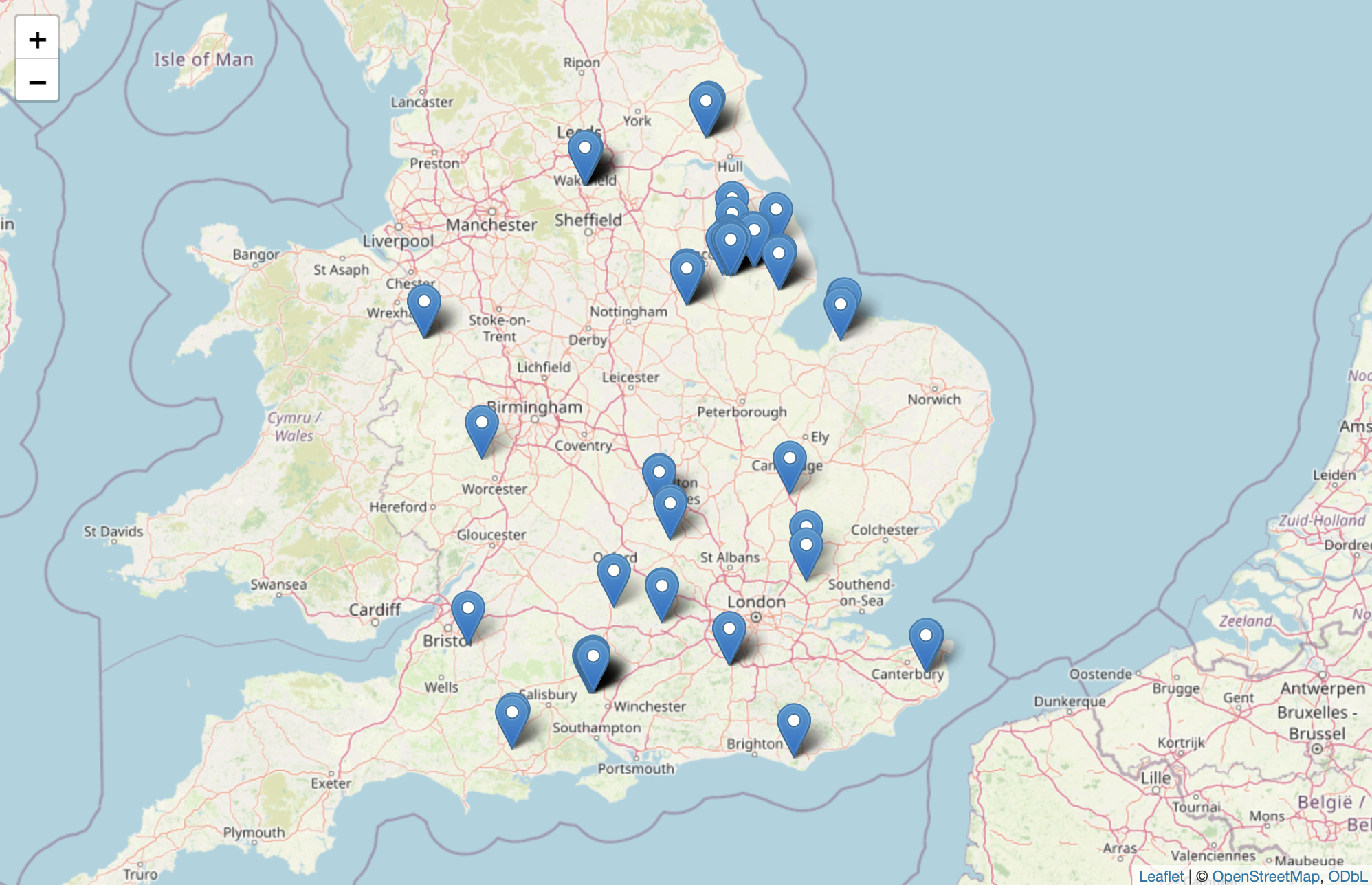 Map showing soil sampling points across England